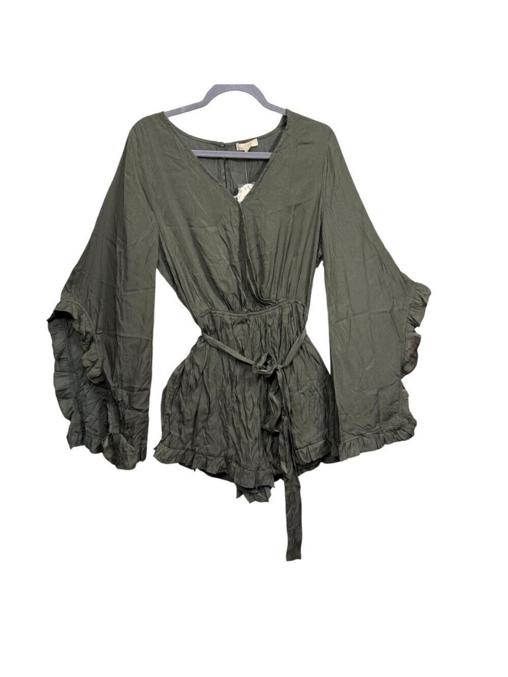 Oddi Olive Green Ruffle Bell‎ Sleeve Tie Waist Long Sleeve Romper Medium